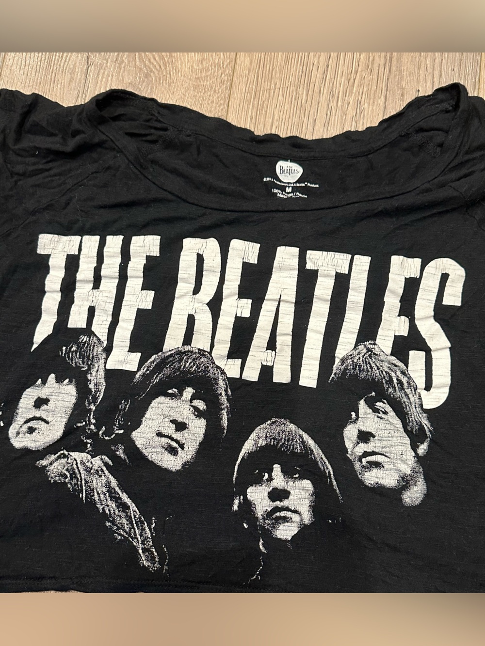 The Beatles 2012 Apple Corps Sheer ish Rayon Sharkbite Crop Top M Rock Y2K Mod